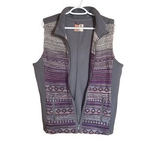 RuffHewn Women XL Full Zip Vest Fair Isle Knit Fleece Collar Purple Grey Stretch